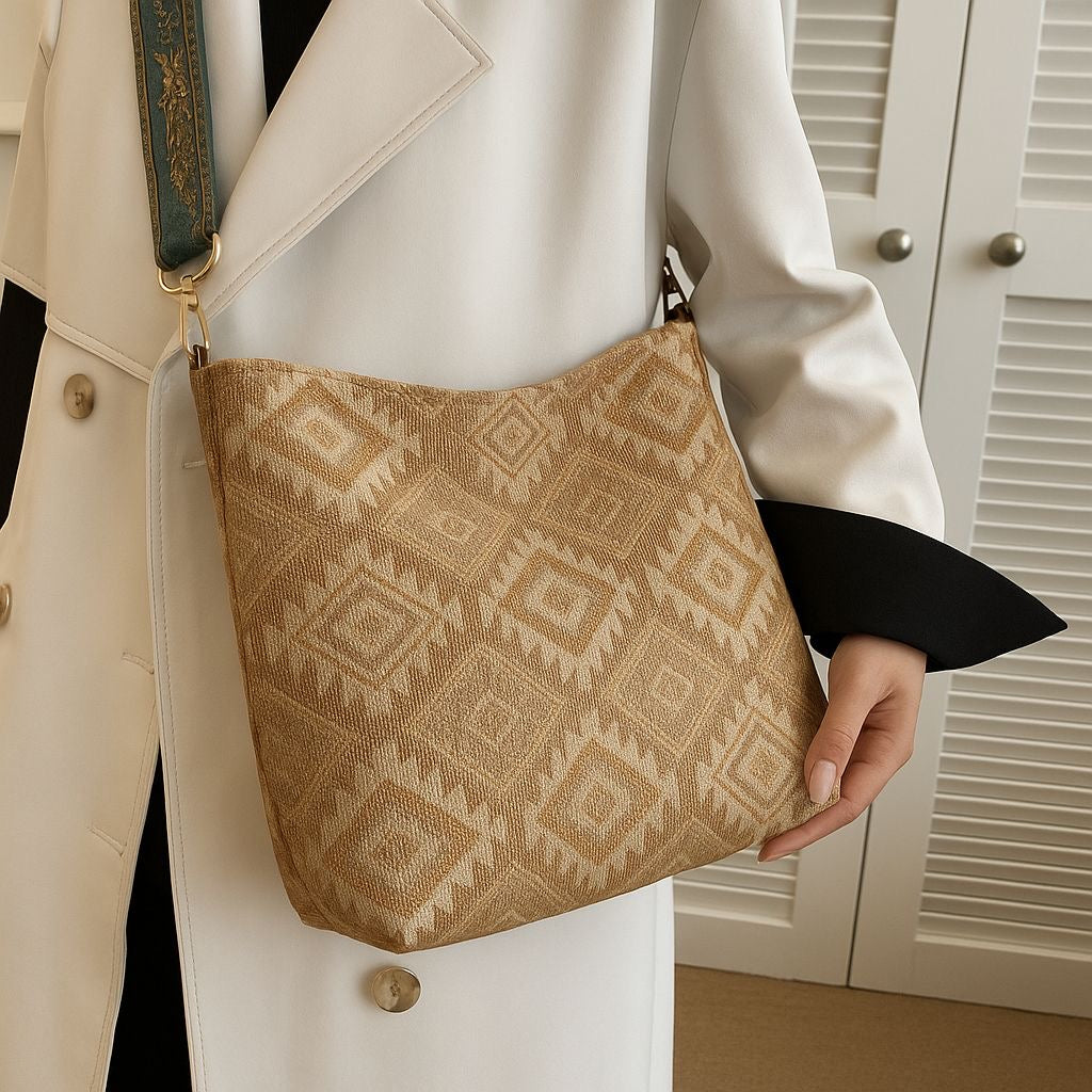 Person holding a beige patterned handbag with a neutral background