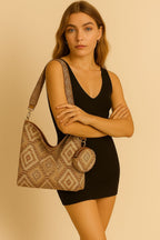 ERONAA Artisan Woven Shoulder Bag for Women | Geometric Fabric Tote with Adjustable Strap & Mini Pouch