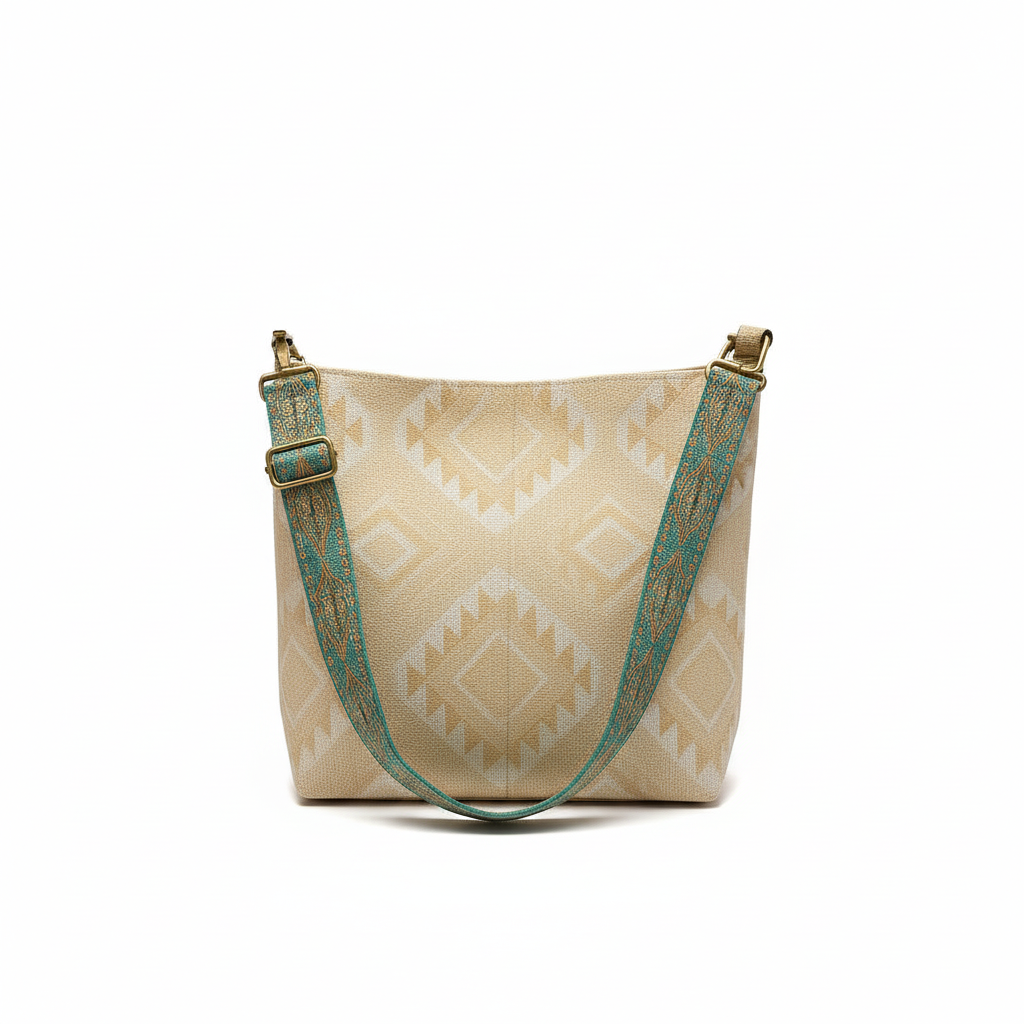 Beige tote bag with green strap on a windowsill